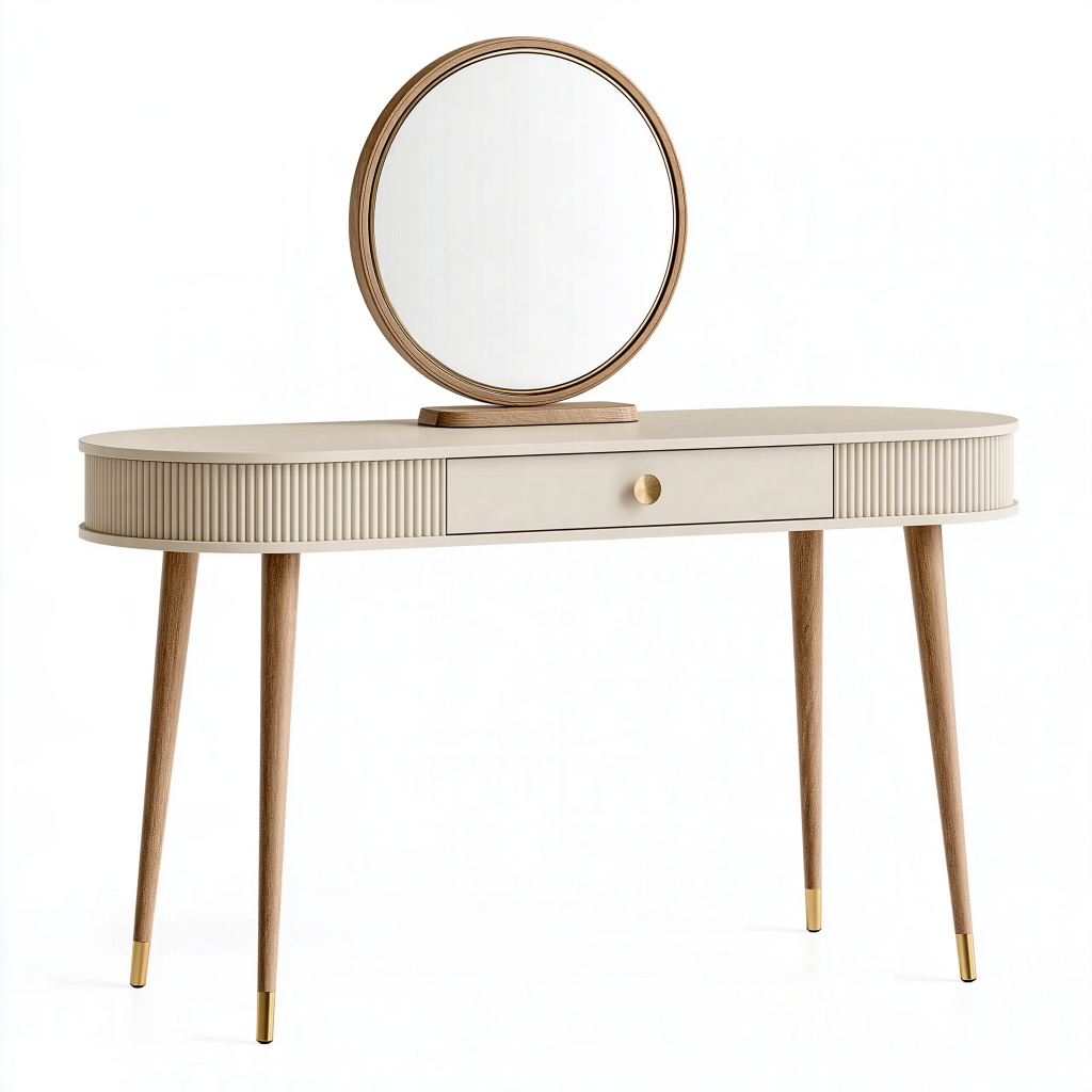 Coiffeuse 120 x 45 x 145 cm en bois beige avec miroir rond et tiroir style contemporain
