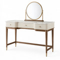 Coiffeuse 120 x 45 x 140 cm en bois beige et marron avec miroir rond et 3 tiroirs