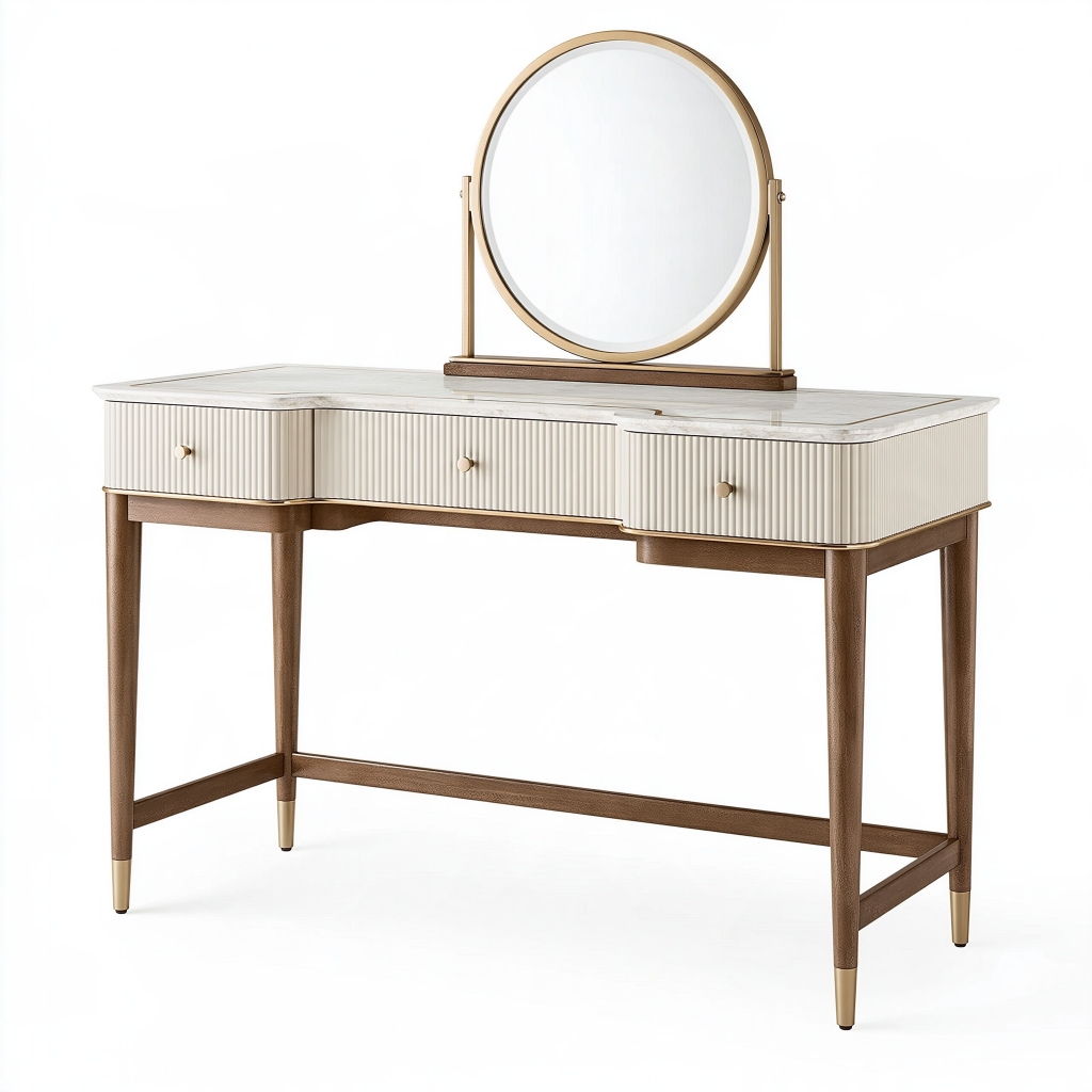 Coiffeuse 120 x 45 x 140 cm en bois beige et marron avec miroir rond et 3 tiroirs