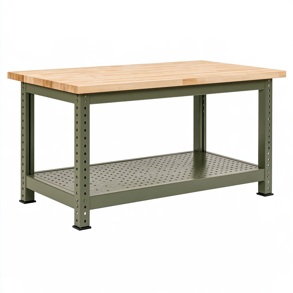 Établi 120 x 60 x 90 cm en bois et acier vert avec tablette perforée pour atelier