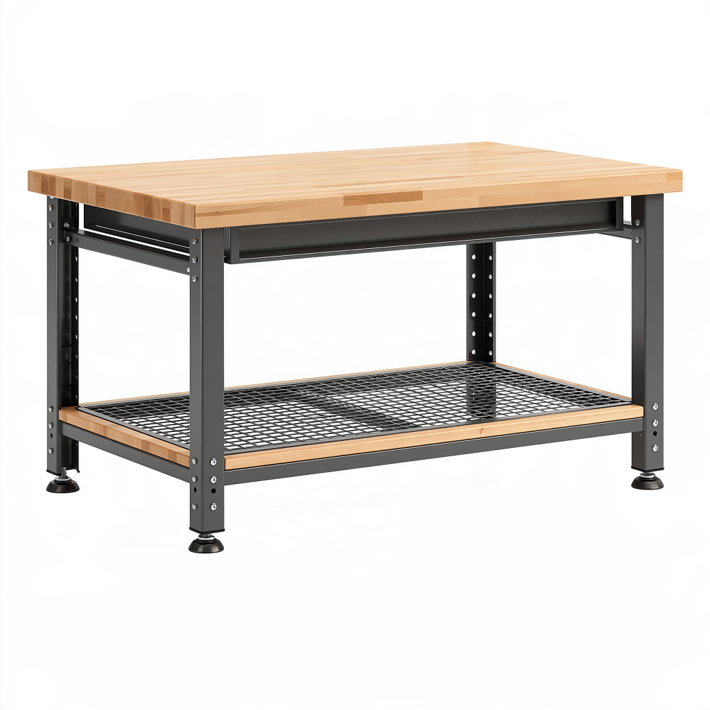 Établi 120 x 60 x 85 cm en bois et acier noir avec étagère grillagée