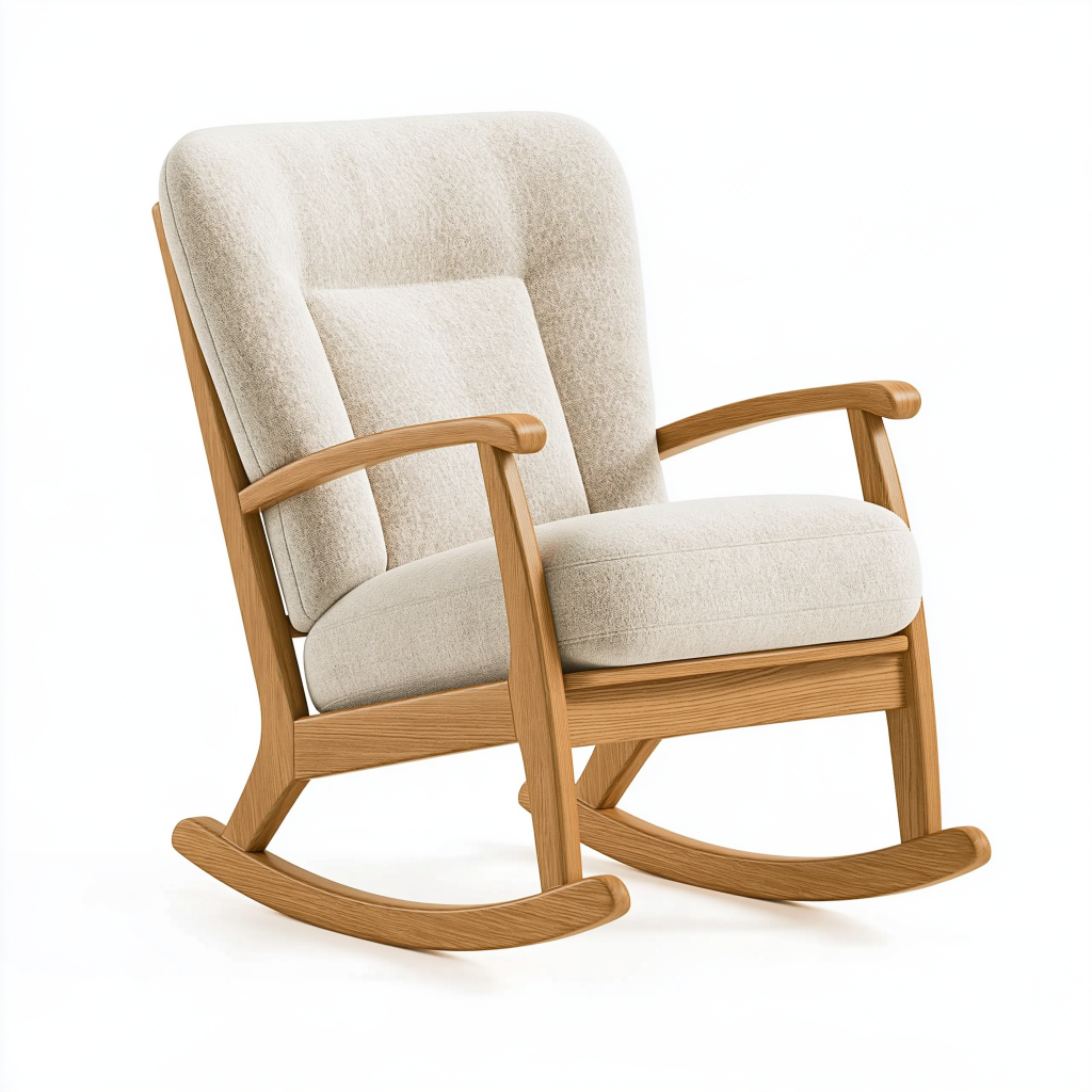 Fauteuil à bascule 72 x 98 x 100 cm en bois et tissu bouclette beige style scandinave