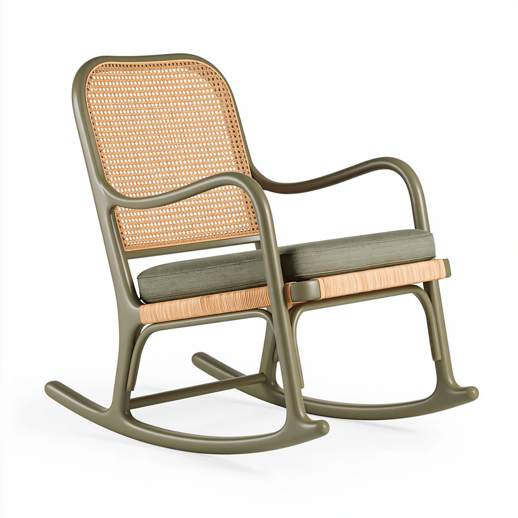 Fauteuil à bascule 100 x 65 x 95 cm en métal vert avec cannage naturel style contemporain