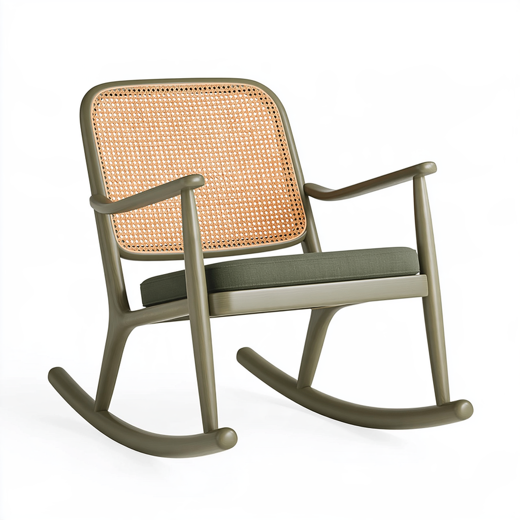 Fauteuil à bascule 68 x 92 x 95 cm en bois vert kaki avec dossier en cannage