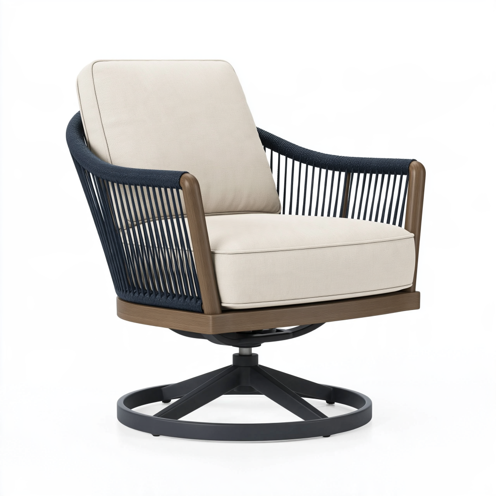 Fauteuil de jardin pivotant 80 x 78 x 88 cm en bois corde bleu marine et tissu beige