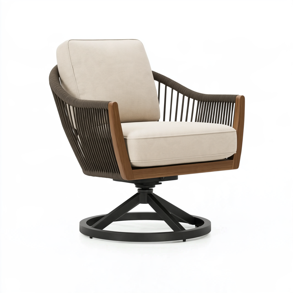 Fauteuil pivotant 76 x 80 x 85 cm en bois corde tressée beige et brun style contemporain