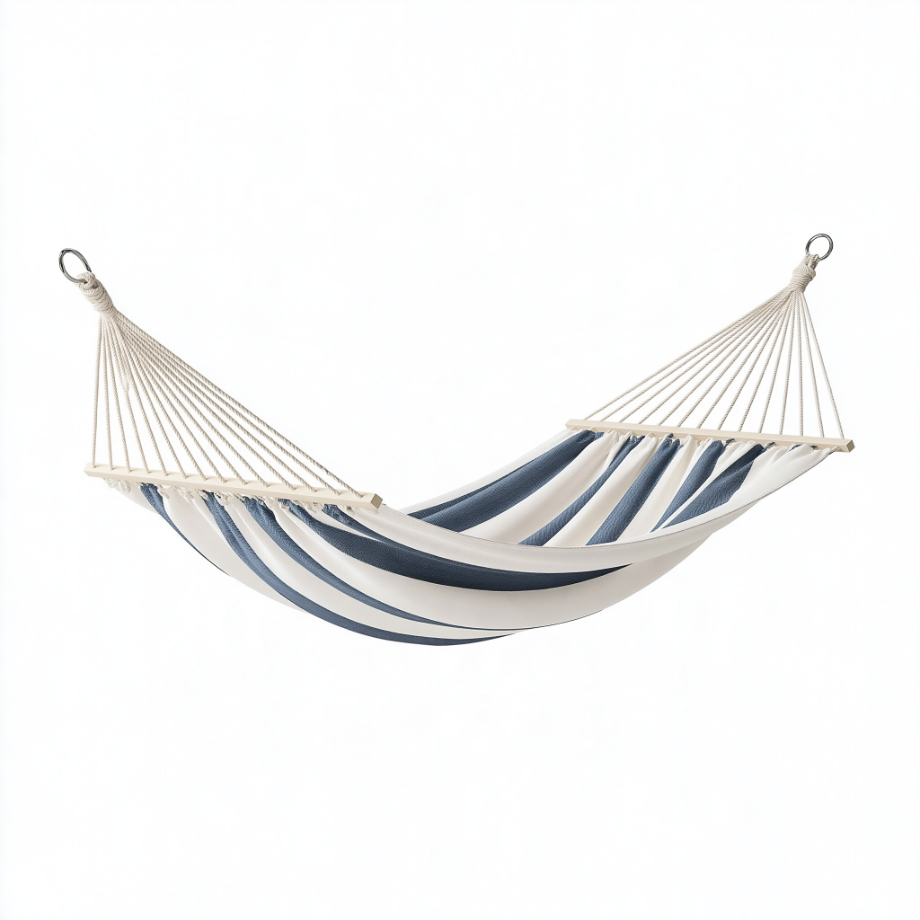 Hamac 300 x 140 cm en tissu blanc et bleu avec barres d'écartement pour jardin