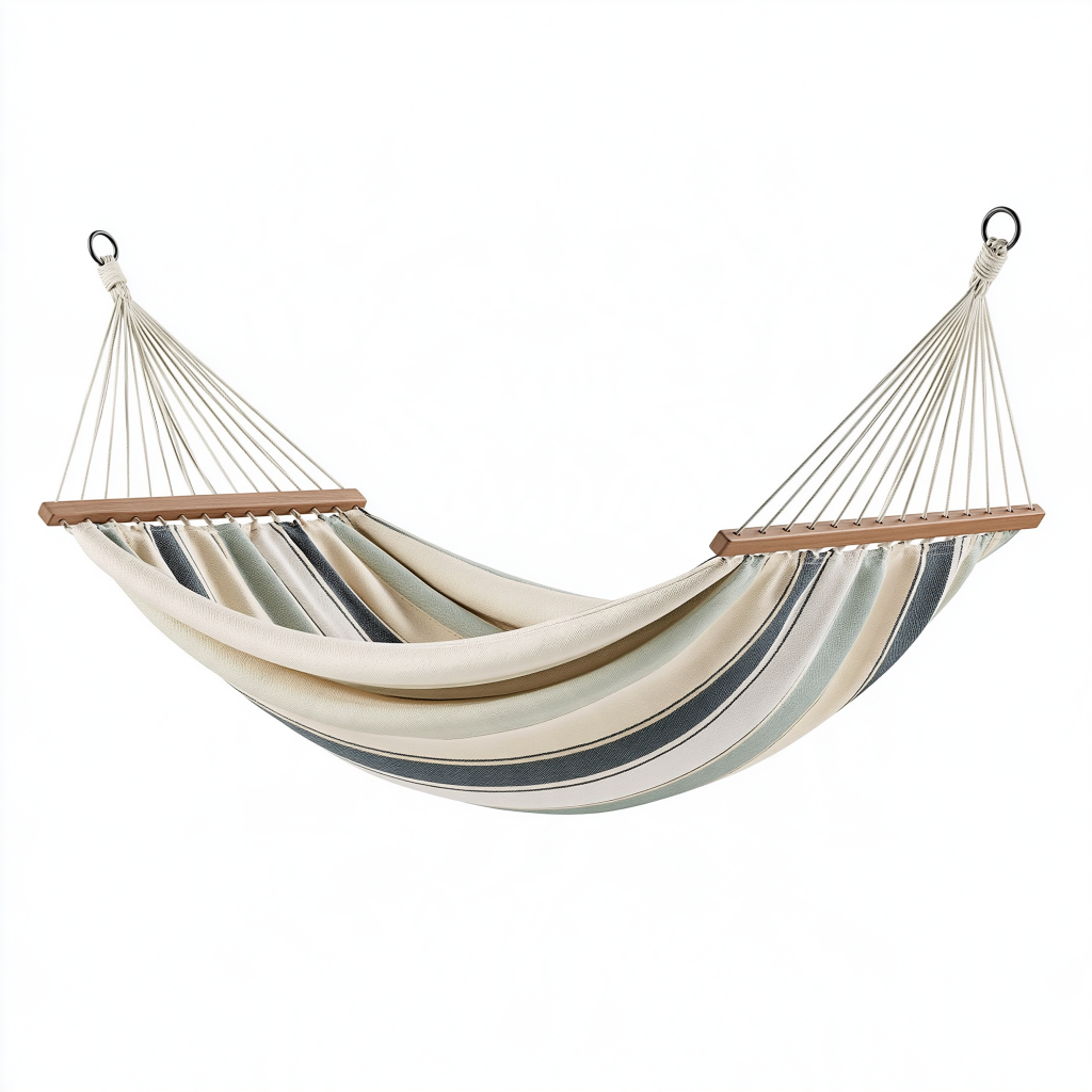 Hamac 200 x 100 cm en tissu rayé beige vert pour jardin avec barres en bois