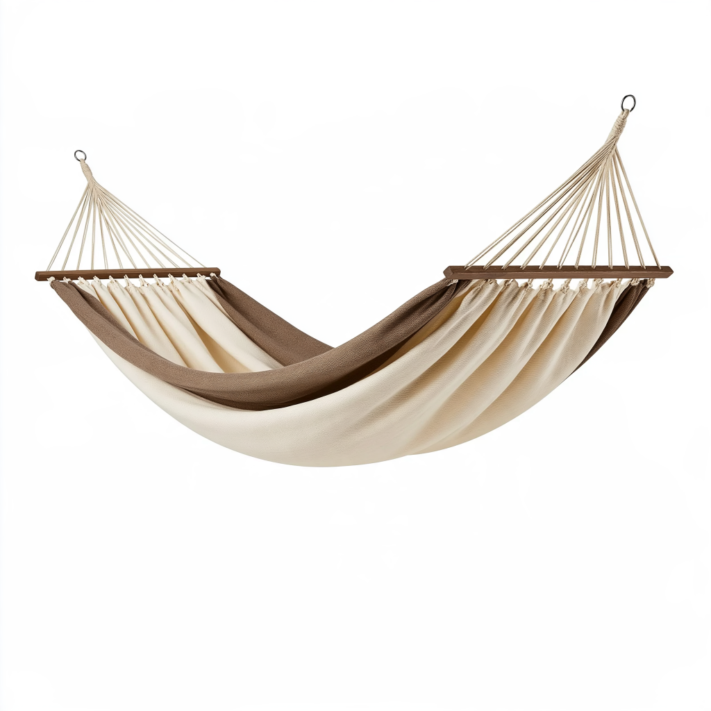 Hamac 200 x 100 cm en coton beige et marron avec barres en bois pour jardin