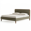 Lit double 160 x 200 cm en tissu vert kaki et bois - tête de lit capitonnée