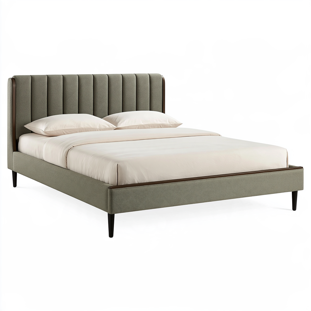 Lit double 160 x 200 cm en tissu vert olive avec tête de lit matelassée