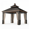 Pavillon de jardin 400 x 400 cm en acier noir avec rideaux et toit à deux niveaux