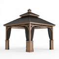 Pavillon de jardin 400 x 300 x 320 cm en bois brun avec toit métallique et rideaux